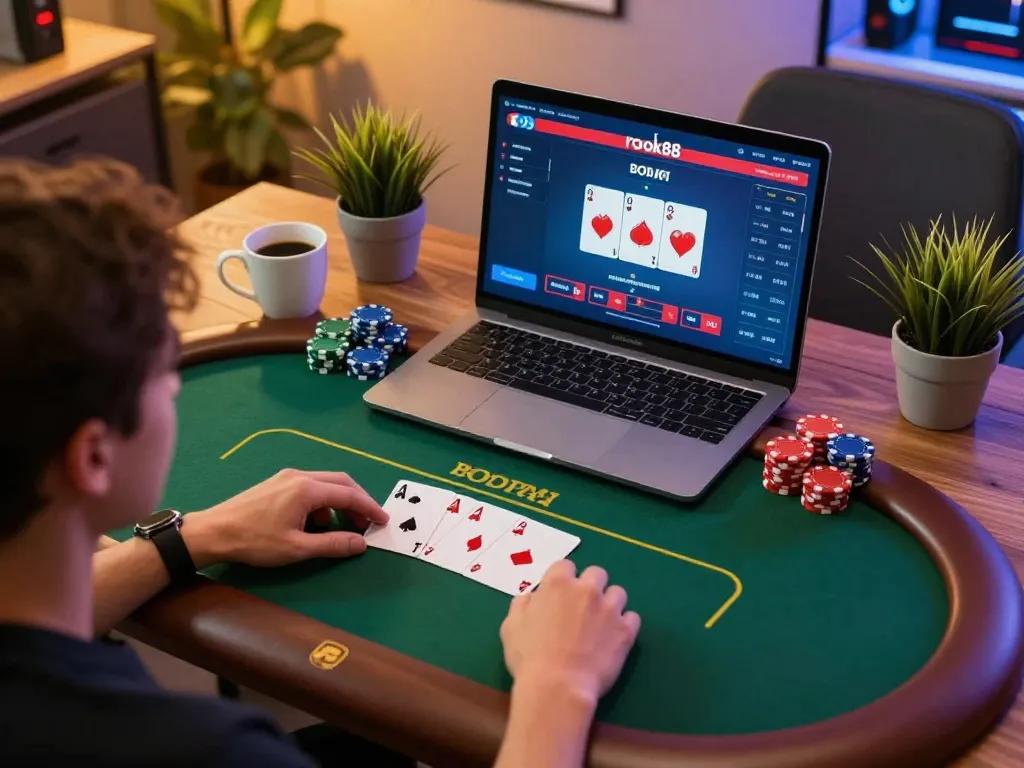 Engaged at rokok88, a player strategizes in an online poker game, showcasing gaming interface and cozy setup.