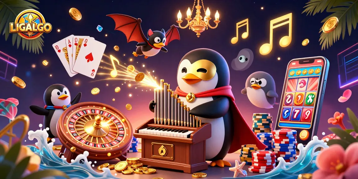 LIGALGO showcases an energetic scene with a penguin playing an organ shooting coins, vibrant gambling elements, and dynamic details.