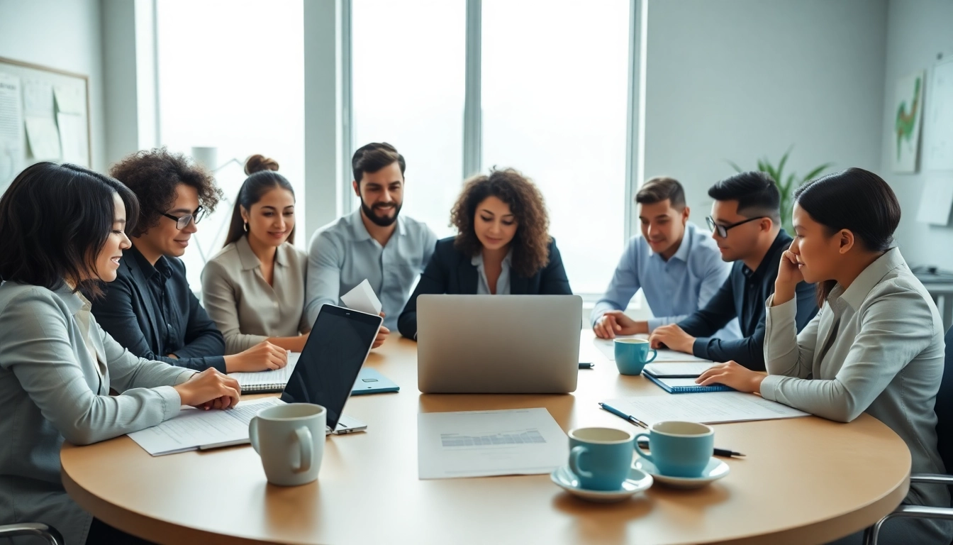 Team discussing contracts and grants in a bright, professional office.