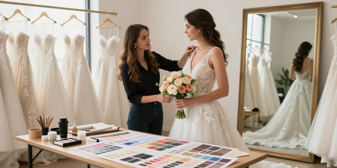 Consulenza di bridal styling, stilista aiuta la sposa a scegliere l'abito perfetto in un ambiente elegante.