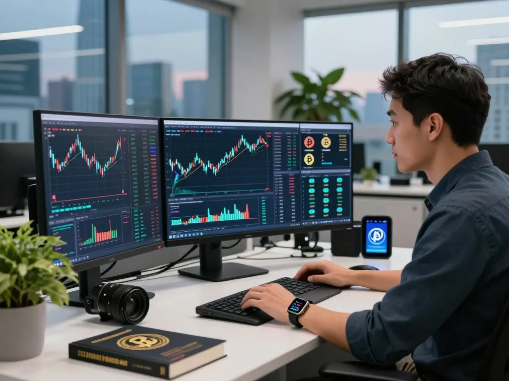 Optimized trading setup for automated crypto income in a modern office