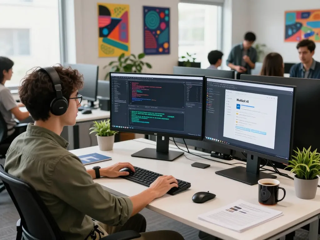 Moltbot AI integration workspace with coding screens and collaborative tech environment.