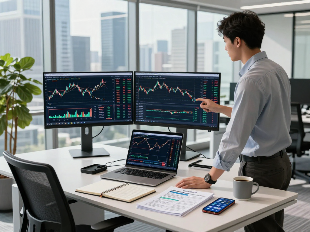 Futures quant backtesting data API displayed on dual monitors in a vibrant finance tech workspace.