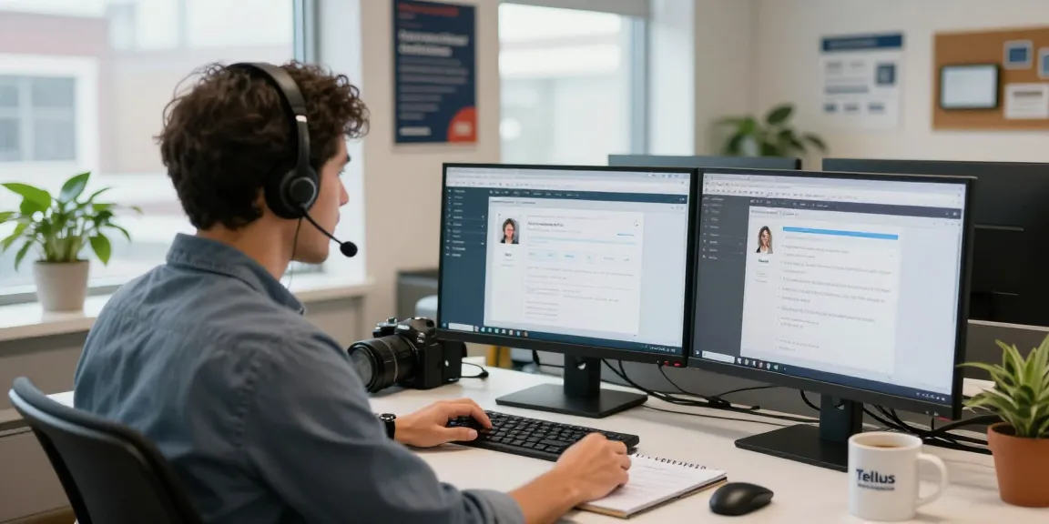 Experienced technician providing Telus-Technical-Support over phone at a modern desk setup.