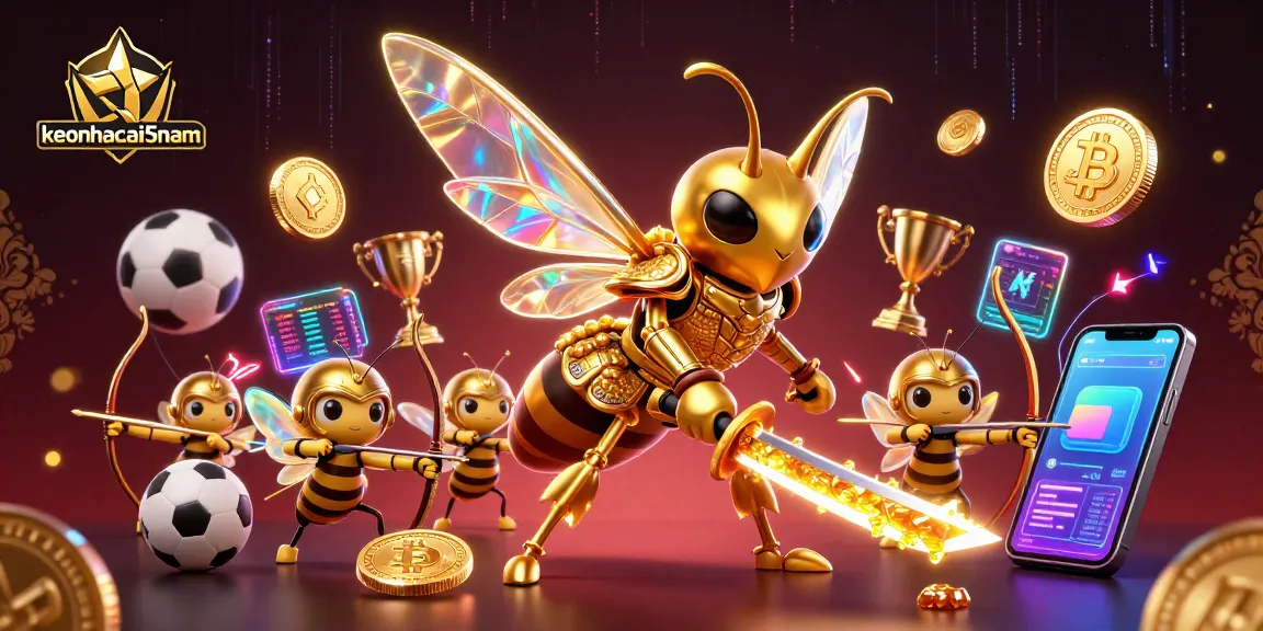 Bet on victory with keonhacai5nam featuring a golden hornet samurai amidst dynamic sports betting elements.