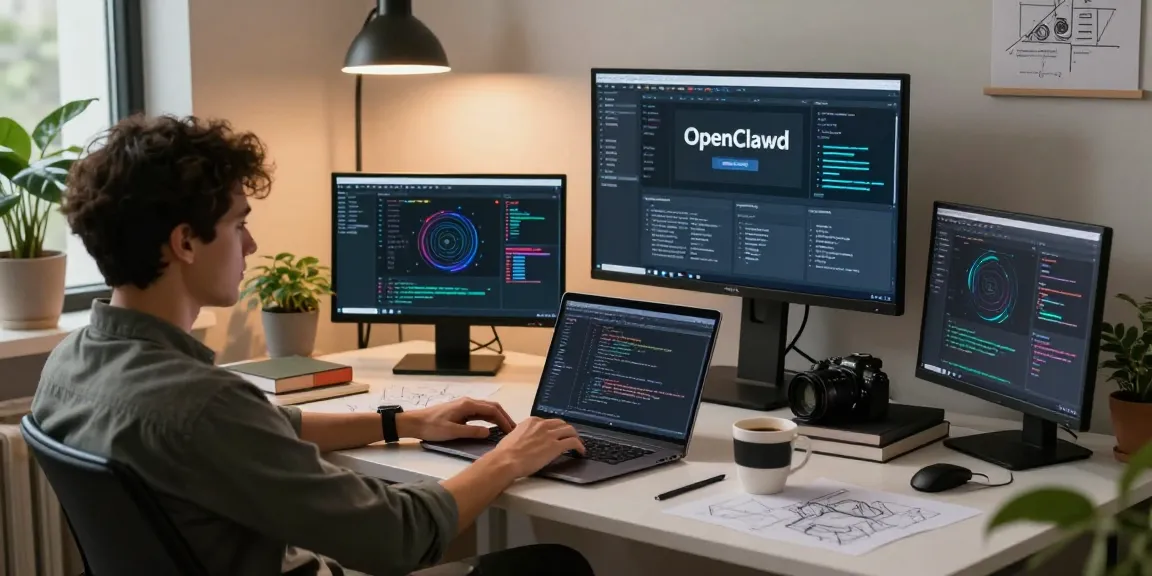openclawd developer workspace with multiple screens and coding books in a modern tech environment