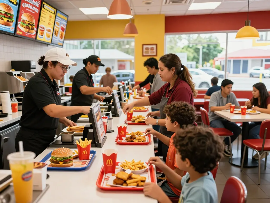 Fast food menu showcasing vibrant restaurant scene with customers enjoying meals.