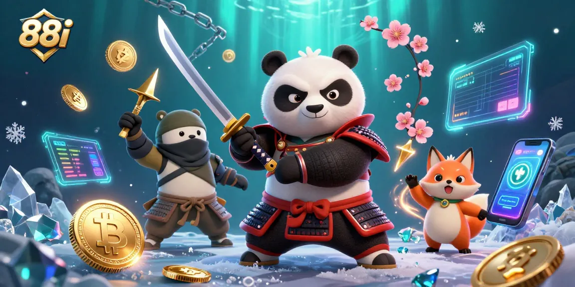 Engage with 88i's thrilling casino adventures with a vibrant 3D illustration featuring characters and crypto elements.