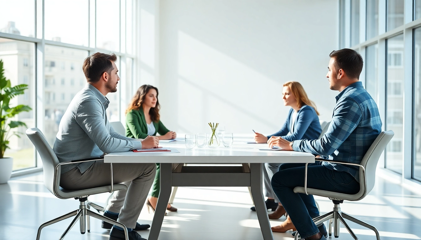 Mediation session in a professional setting with participants discussing resolution strategies.