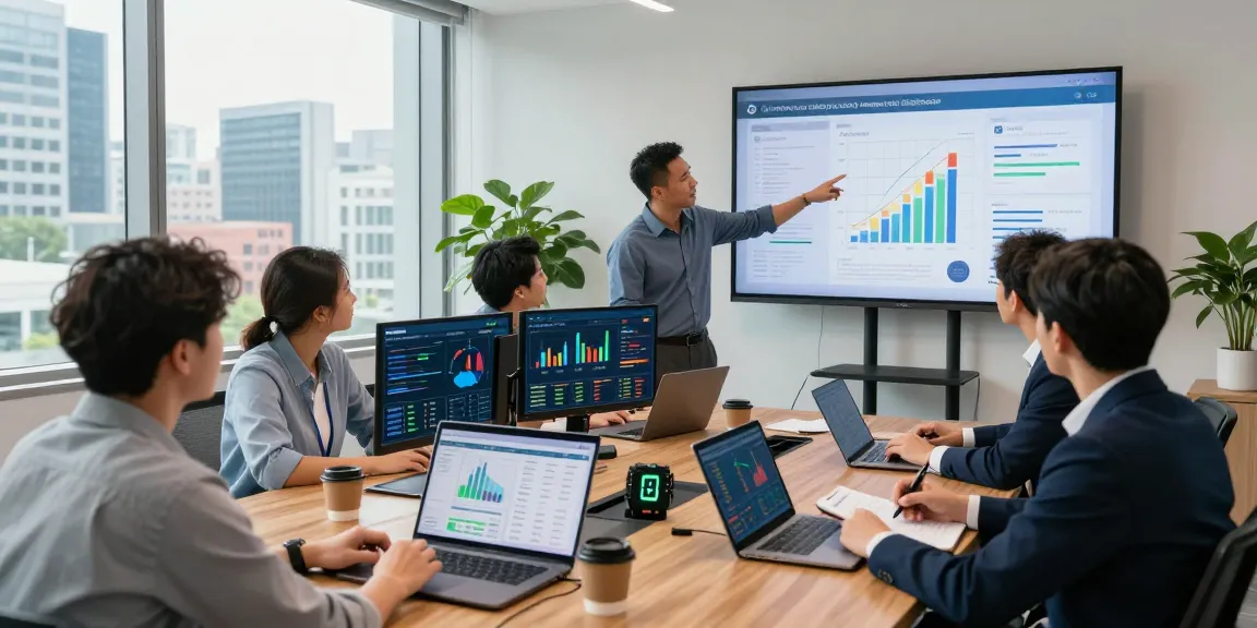 Team collaborating on multi site business energy management strategies in a modern office environment with energy data displays.