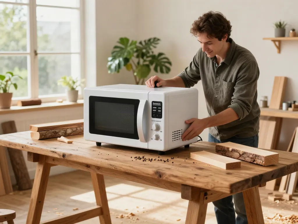 SHASHEL® microwave treatment device in action eliminating wood-boring insects in a workshop setting.