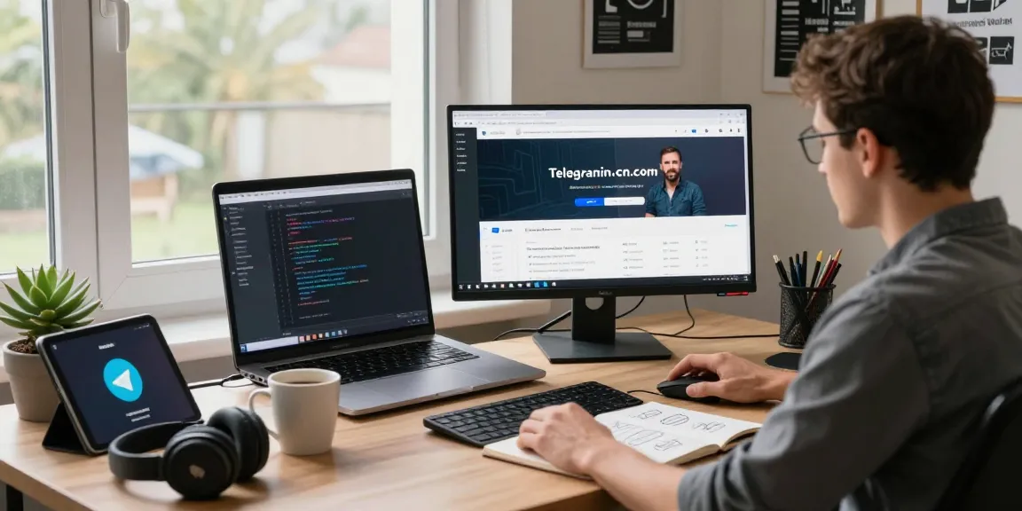 Developer using telegramin-cn.com in a cozy modern workspace.