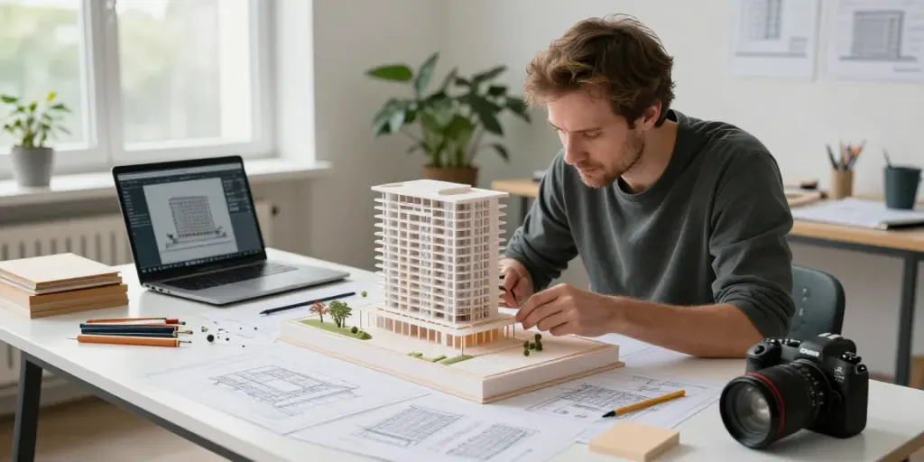 Architectural model maker Netherlands creating a detailed model in a modern workspace.