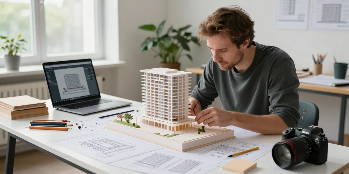 Architectural model maker Netherlands creating a detailed model in a modern workspace.
