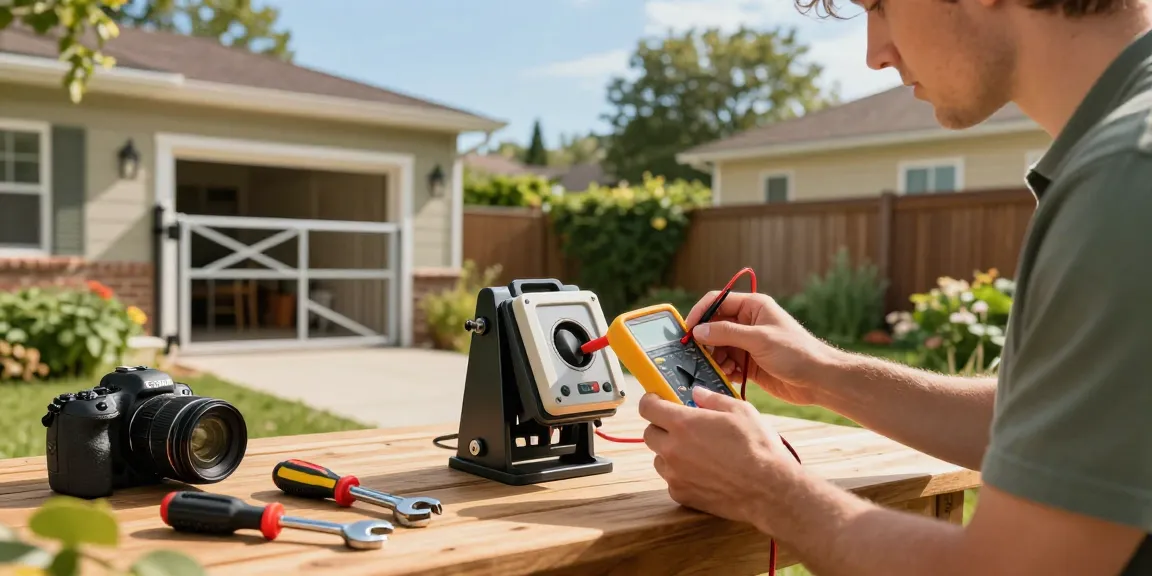Mighty mule gate opener not working, homeowner troubleshooting gate opener issues outdoors with tools on workbench.