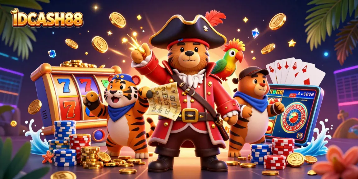 Spin the reels with IDCASH88 in a vibrant 3D casino scene filled with excitement and treasure!