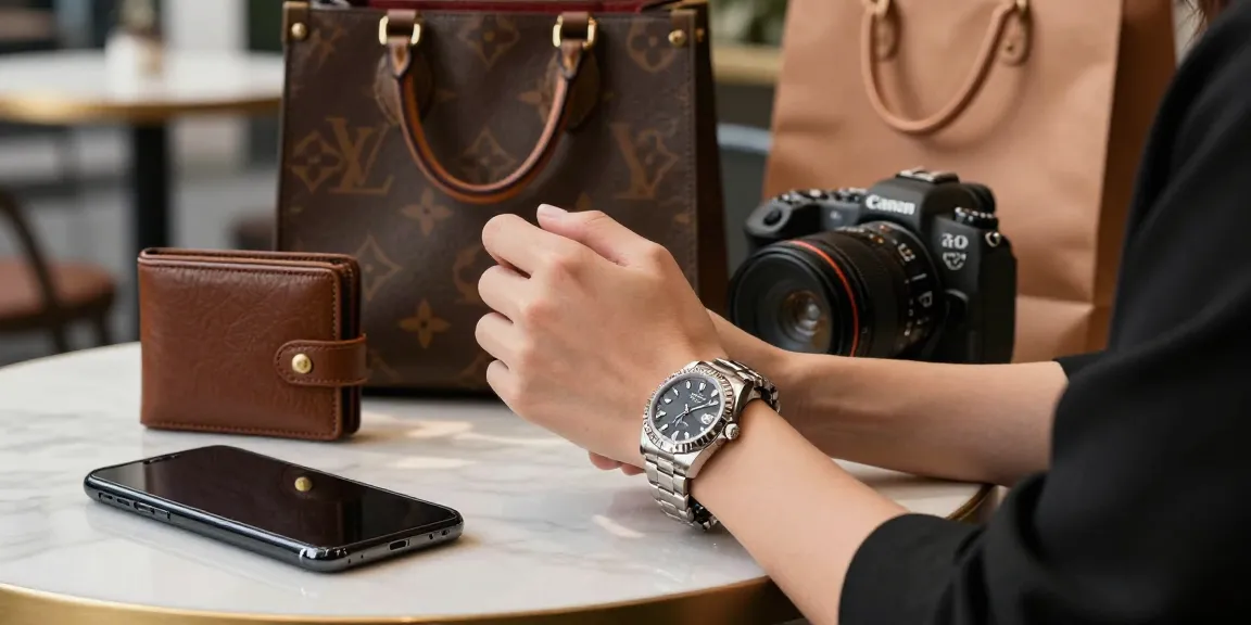 Examine a high-quality replica watch alongside stylish accessories in a luxurious urban setting.