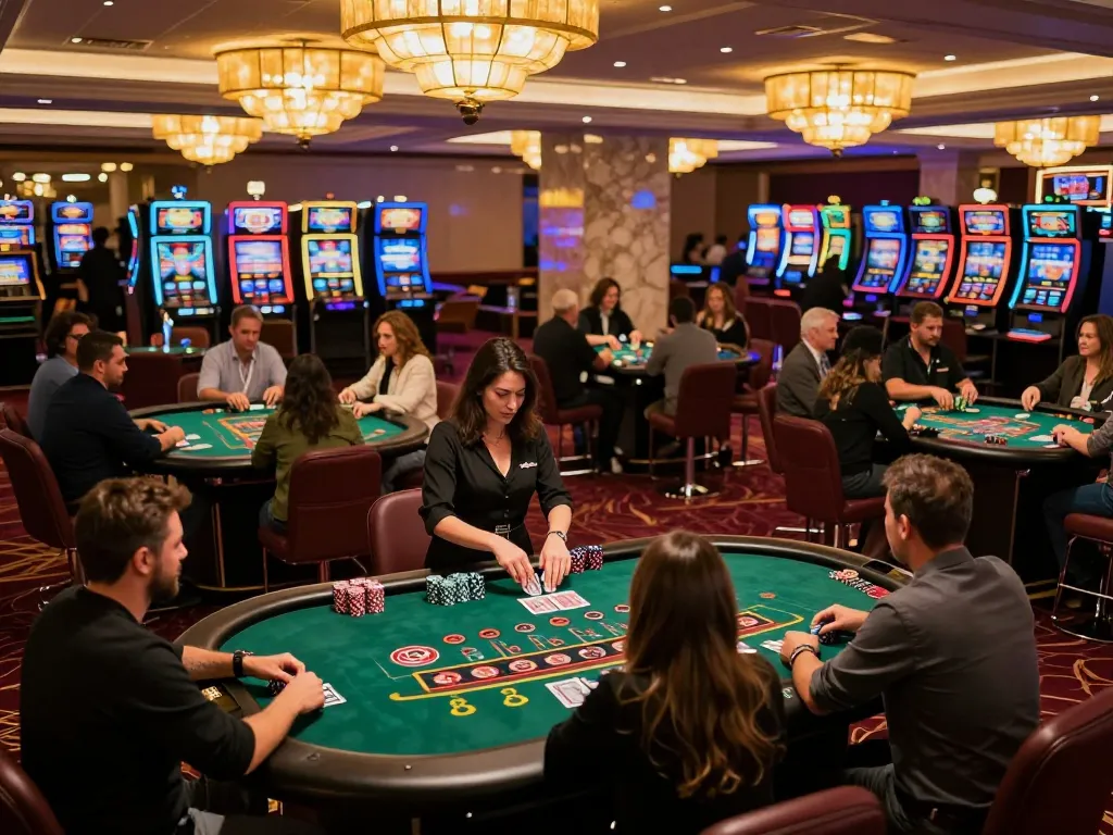 Players enjoying a mini-game atmosphere at an upscale casino, with vibrant lighting and active gameplay.