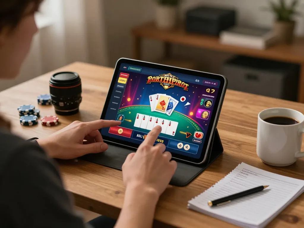 Player enjoying BK8 online casino games on a tablet in a cozy home office