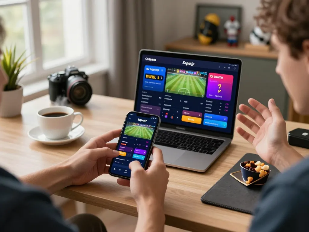 Engaging action of a user checking live betting odds on the superjp app in a modern workspace