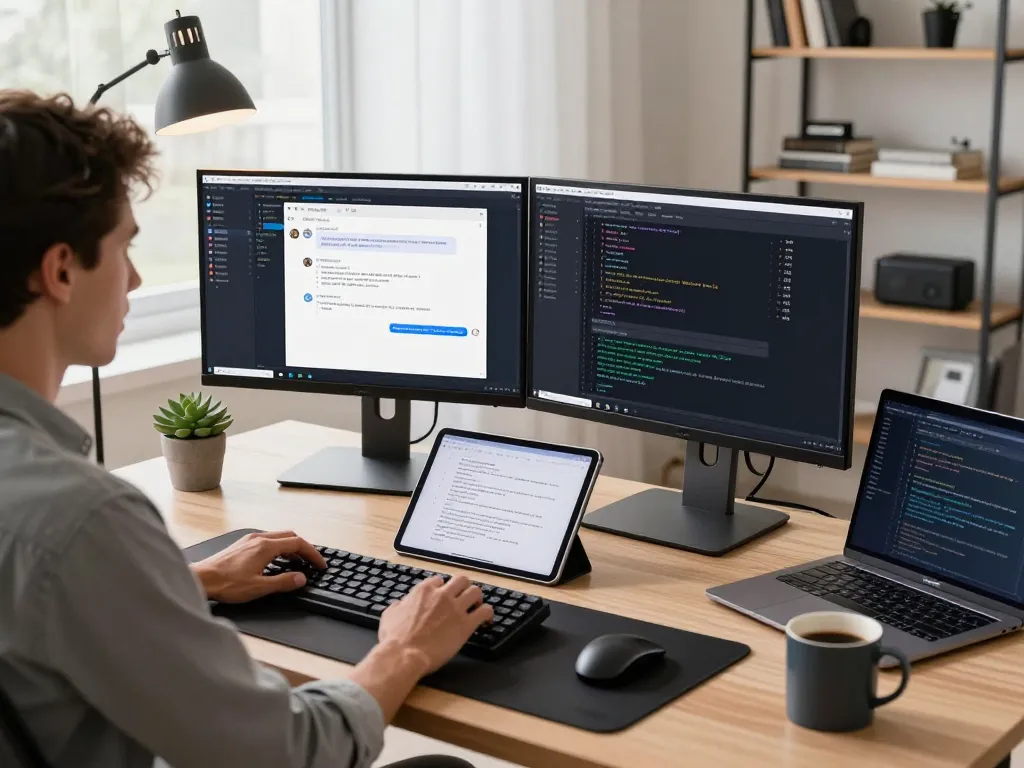 Developer utilizing ClawdBot in a modern home office, showcasing productivity and tech integration.