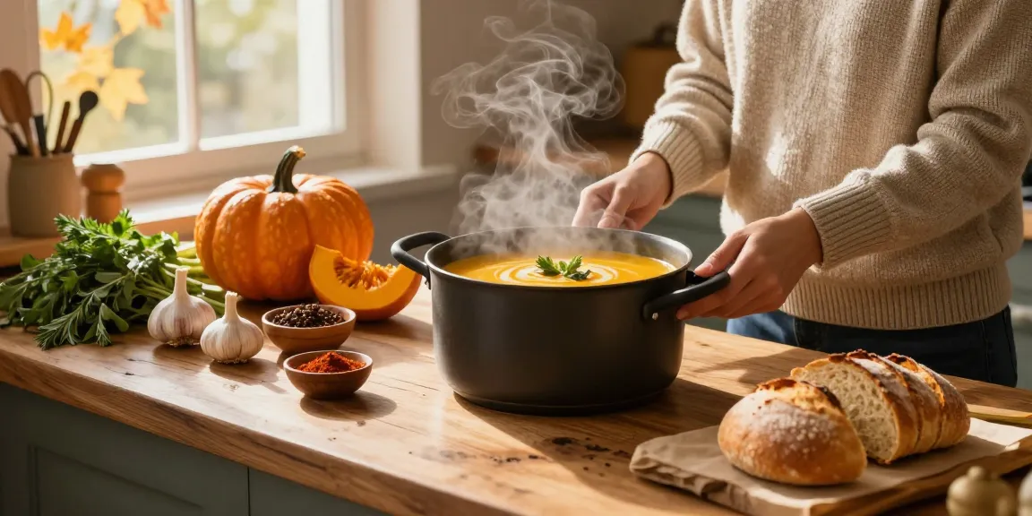 Warme Küchsenszene beim Zubereiten von Suppe, Suppe kaufen mit frischen Zutaten und gemütlicher Atmosphäre.
