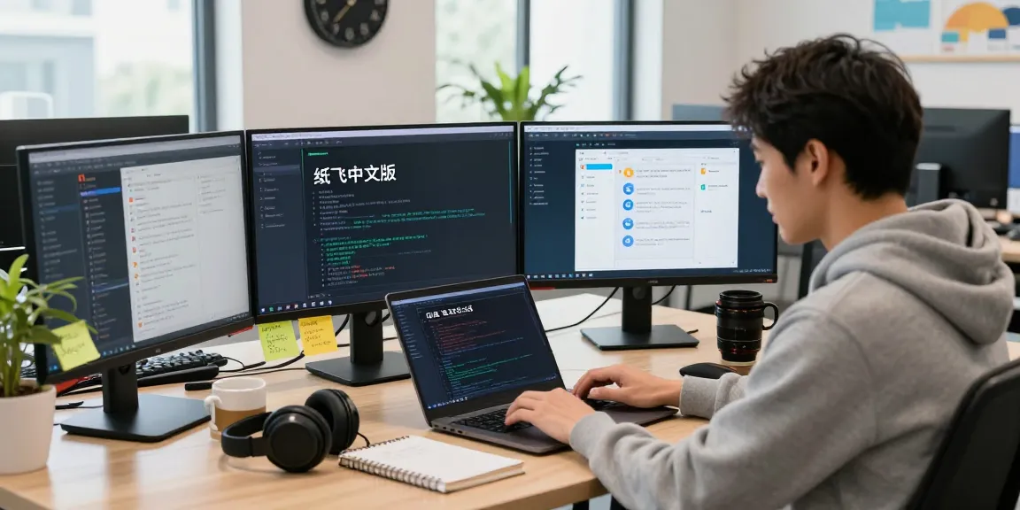 Discovering features of 纸飞机中文版 in a tech workspace with a developer coding on multiple screens.