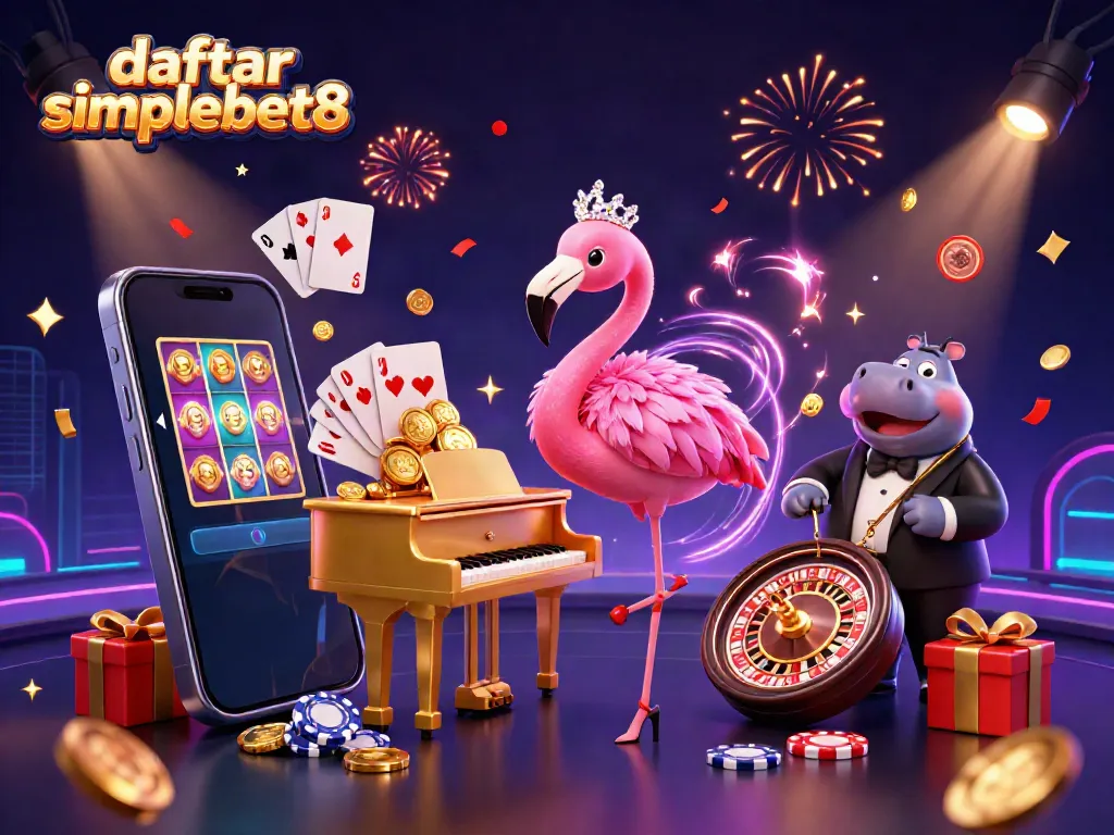 Experience the excitement of daftar simplebet8 with vibrant slot games, flanked by energetic characters in a lively casino scene.