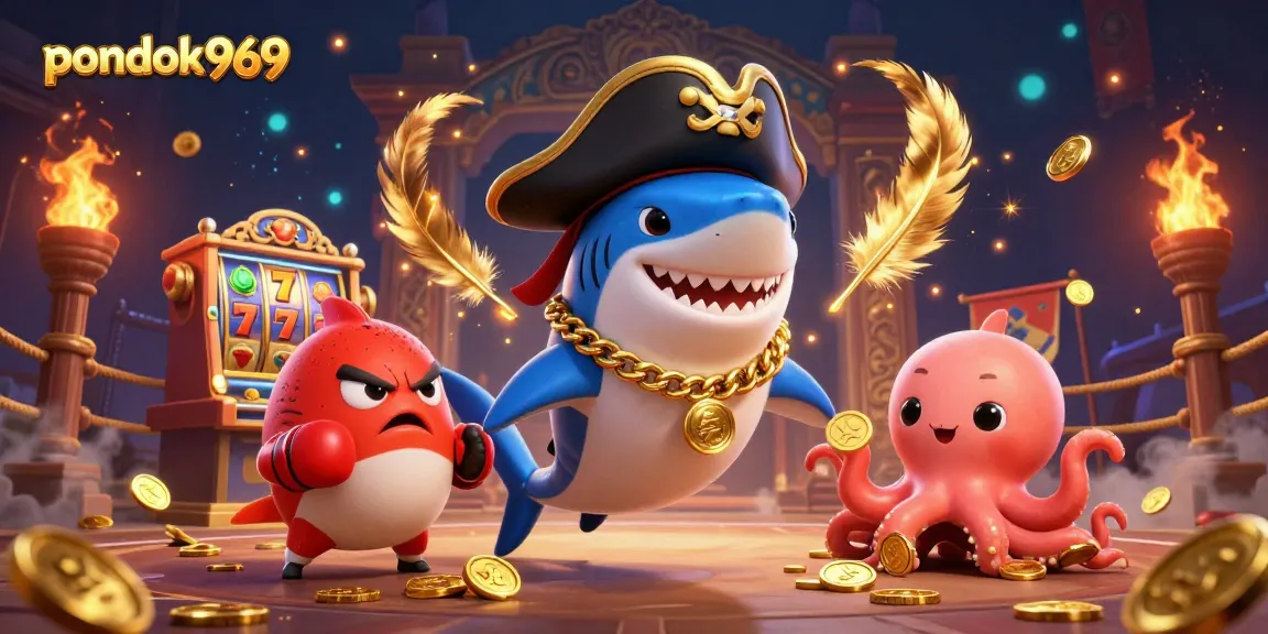 Pondok969 showcases a vibrant pirate-themed casino scene with characters and slot machines.