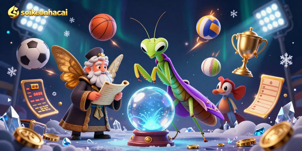 Engage in soikeonhacai sports betting insights with a vibrant 3D illustration featuring fortune tellers and sports balls.