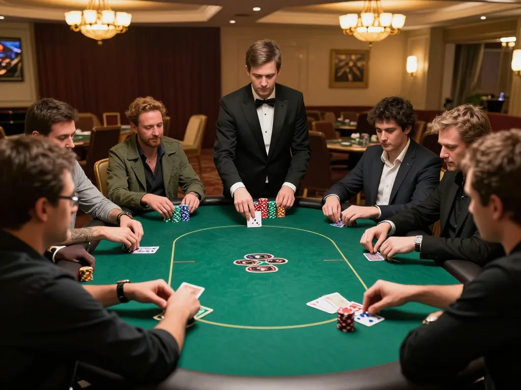 Engaging gameplay at dagelan4d poker table with focused players and dealer in luxury casino setting