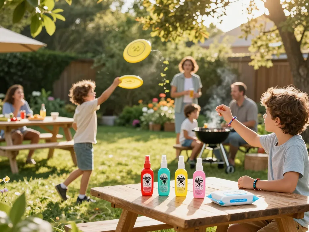 Family enjoying a barbecue outdoors with the best mosquito repellents on table, showcasing summer fun and protection.