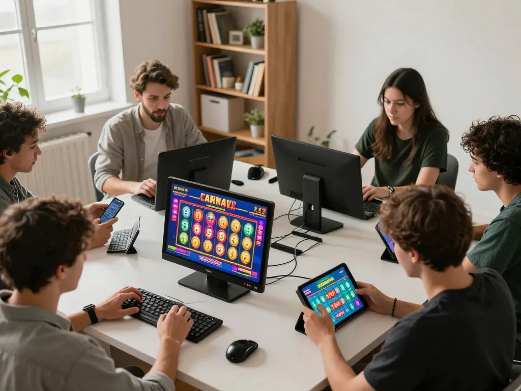Engaging online players in vibrant slot tournament showcasing viral4d on screens.