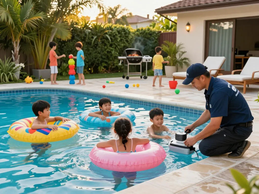 Dolphin Pool Services team maintaining a family pool during summer, showcasing vibrant outdoor enjoyment and quality care.