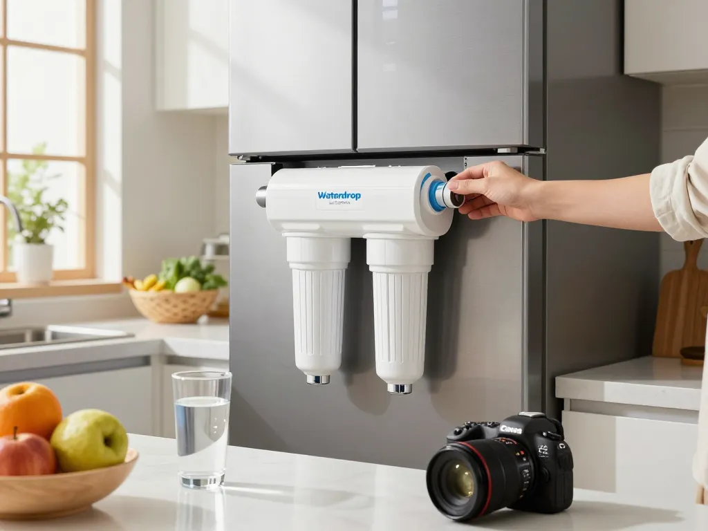 Installing Waterdrop 5231JA2002A Refrigerator Water Filter in a bright kitchen, emphasizing clean water quality.
