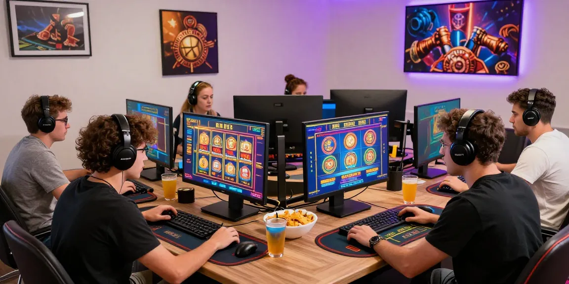 Joueurs engagés profitant d'une expérience de casino en ligne fiable avec des écrans vibrants et des accessoires de jeu.