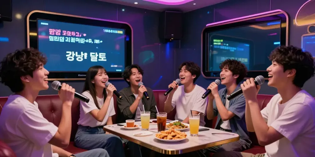 강남 달토에서 친구들과 함께 즐거운 노래를 부르는 모습