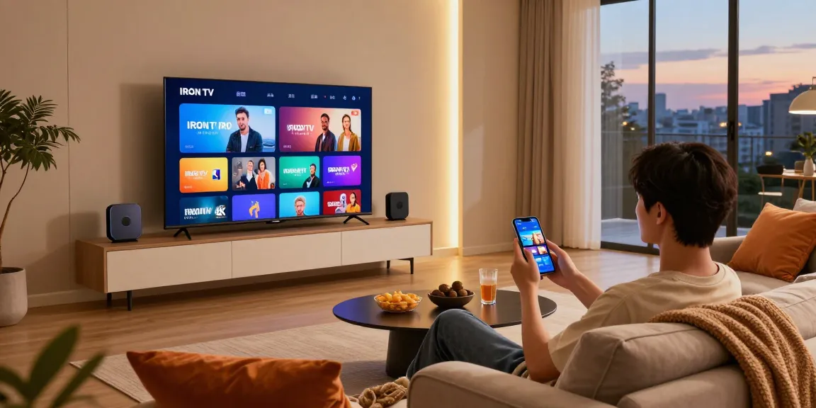 Engaging living room with individual using Iron TV Pro on smartphone, showcasing HD & 4K streaming.