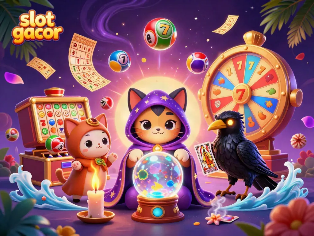 Engage with slot gacor themes as a mystical cat and raven bring luck amidst vibrant reels.