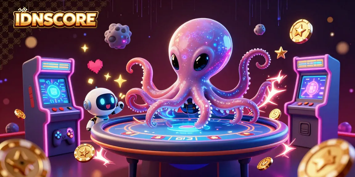 IDNSCORE showcases thrilling gameplay with a 3D alien octopus at a holographic poker table.