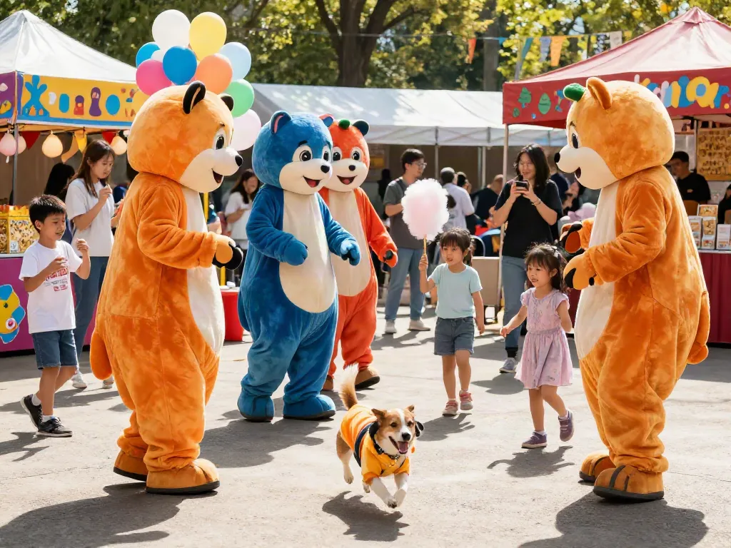 Children and adults enjoying a fun fair in colorful mascot costumes, celebrating joy and excitement.