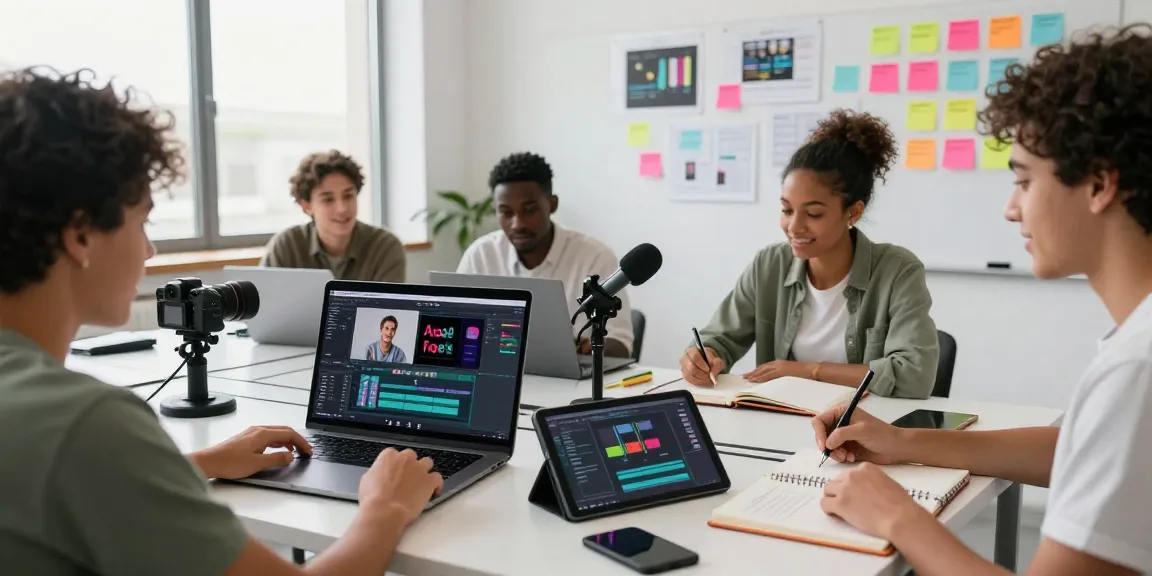 Engaged learners in a video processing course online using tools like Adobe Premiere Pro, creating a collaborative and vibrant learning atmosphere.