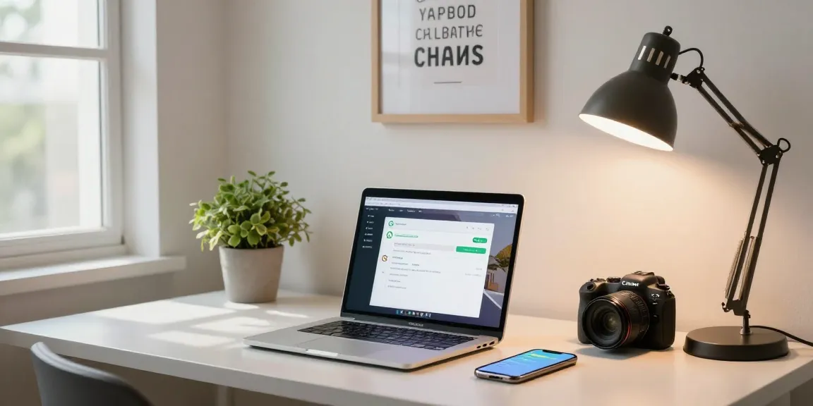 Using WhatsApp網頁版 on a laptop in a bright home office setting with chat notifications.