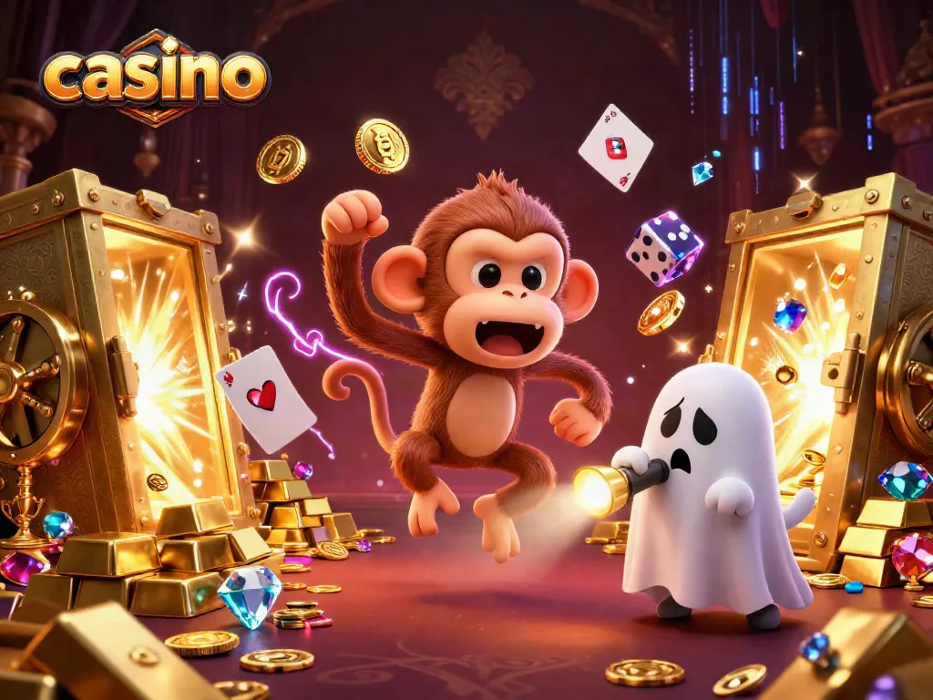 Experience the excitement of a casino with a magical poltergeist monkey juggling golden treasures amidst a haunted casino.