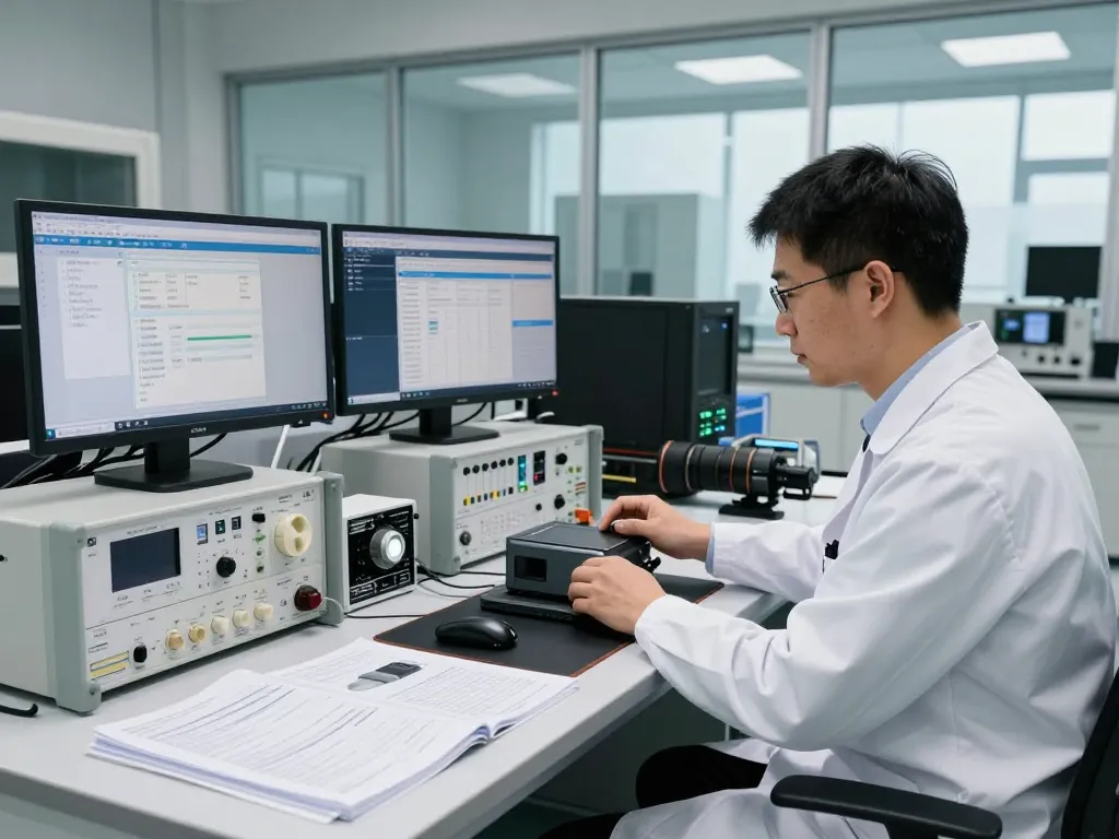 Wireless testing engineer analyzing device performance in a high-tech laboratory.