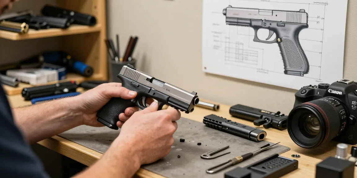 High-quality Glock assembly scene showcasing precision Glock slides from https://precisionglockslides.com, emphasizing craftsmanship and details.