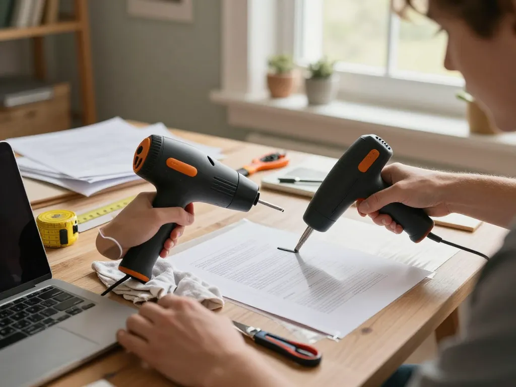 Learn cách bóc lớp ép plastic tại nhà effectively by using a heat gun and protective cloth in a cozy home office.