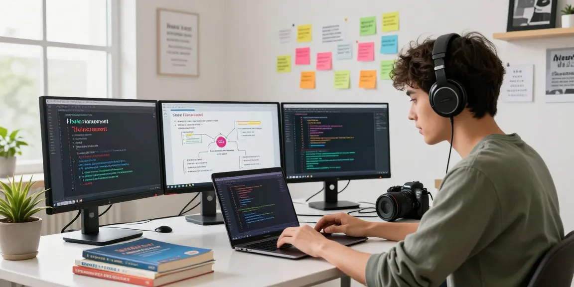 Dynamic online learning scene for a React and Redux course online, featuring a coding student engaged in a bright workspace.