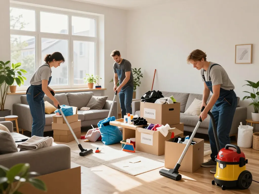 Effiziente Entrümpelung Wien Szene mit Fachleuten, die eine helle Wohnung entrümpeln.