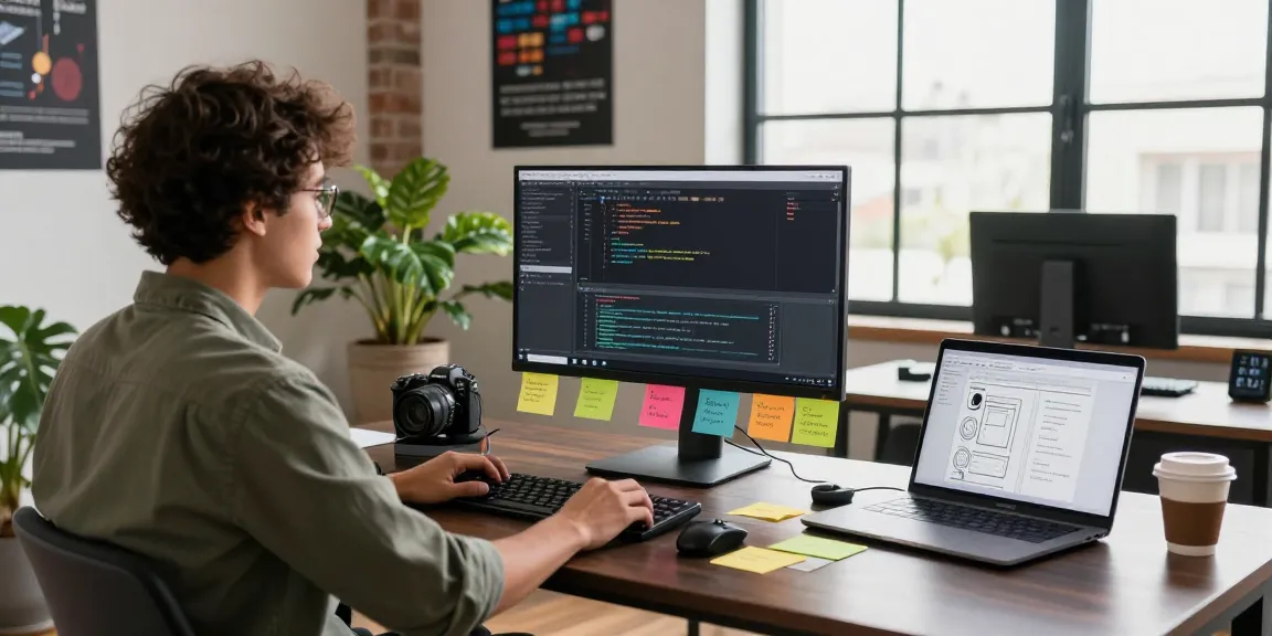 Dynamic software development workspace at teiegramin.com with engineer coding on multiple screens.